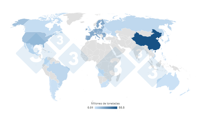 Mapa 1. Concentraci&oacute;n de la producci&oacute;n mundial de carne de cerdo estimada para 2023.&nbsp;Elaborado por el Departamento de Econom&iacute;a e Inteligencia de Mercados con datos del Departamento de Agricultura de Estados Unidos (USDA).&nbsp;
