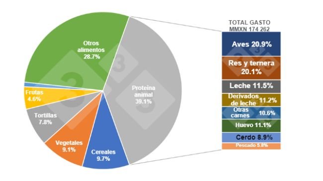 Gráfico 1. Participación de los rubros del gasto de los hogares en alimentos en 2022 y desglose de las proteínas animales. Elaborado por el Departamento de Economía e Inteligencia de Mercados 333 Latinoamérica con datos de Grupo Consultor de Mercados Agrícolas (GCMA) y ENIGH 2022. 