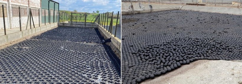 Imagen 2. Eficiencia de reducci&oacute;n de emisiones de NH3 del 60% con piezas geom&eacute;tricas flotantes: en la foto de la izquierda,&nbsp;hex&aacute;gonos HEXA-COVER (imagen cedida por DPLAN) y bolas rellenas de agua PANAL FLOTANTE en la foto de la derecha.
