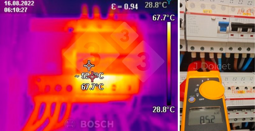 Fotos 2. Detecci&oacute;n de una posible aver&iacute;a con termograf&iacute;a (izquierda) y con el conocido tester (derecha).
