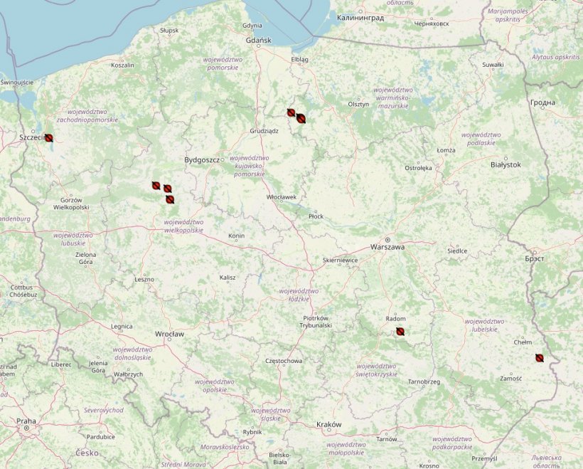 Distribuci&oacute;n de los brotes de peste porcina africana en Polonia en 2024. Fuente: Inspecci&oacute;n Veterinaria.
