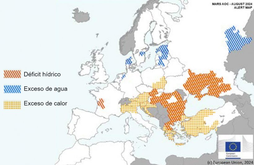 Mapa 1. Eventos climáticos extremos en Europa del 1 de julio del 2024 al 17 de agosto del 2024 (fuente: MARS Butlletin 26/08/2024).