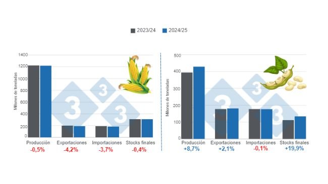 Gráfico 1. Proyección de las variables fundamentales para las cosechas de maíz y soya - campaña 2024/25 versus ciclo 2023/24 – última actualización: 12 de septiembre de 2024. Elaborado por el Departamento de Economía e Inteligencia de Mercados con datos de FAS – USDA.