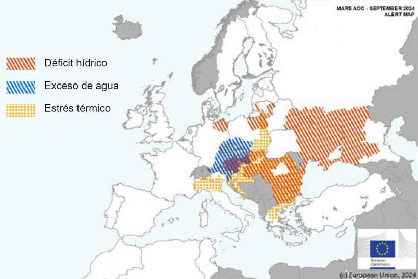 Mapa 1. Eventos climáticos extremos en Europa del 1 de agosto del 2024 al 14 de septiembre del 2024 (fuente: MARS Bulletin 23/09/2024).