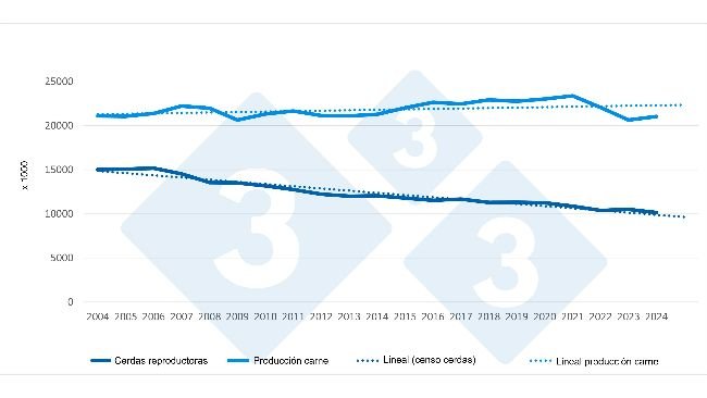 Evolución del censo de madres y producción de carne en la UE (2004-2024). Fuente: 333 a partir de datos de Eurostat.