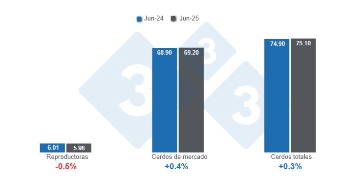 Gr&aacute;fico 1: Inventario de porcinos en Estados Unidos con corte al 1 de junio de 2025, cifras en millones de cabezas, variaciones anuales. 

Elaborado por el Departamento de Econom&iacute;a y Sostenibilidad de 333 Latinoam&eacute;rica con datos de USDA - NASS