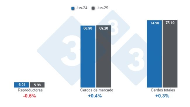 Gráfico 1: Inventario de porcinos en Estados Unidos con corte al 1 de junio de 2025, cifras en millones de cabezas, variaciones anuales.
Elaborado por el Departamento de Economía y Sostenibilidad de 333 Latinoamérica con datos de USDA - NASS