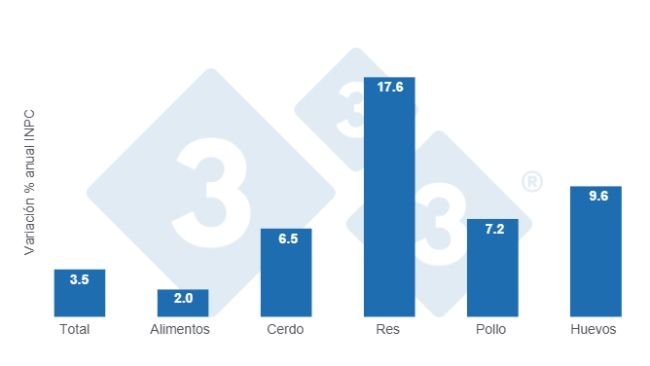 Gráfico 1: Variaciones porcentuales anuales del INPC total, alimentos y principales proteínas de origen animal - julio de 2025.
Elaborado por el Departamento de Economía y Sostenibilidad de 333 Latinoamérica con datos del Servicio de Información Agroalimentaria y Pesquera (SIAP)