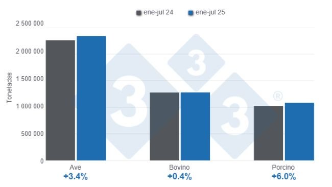 Gráfico 1: Producción de carne de ave, bovino y porcino en el período enero – julio de 2025, variaciones anuales.
Elaborado por el Departamento de Economía y Sostenibilidad de 333 Latinoamérica con datos del Servicio de Información Agroalimentaria y Pesquera (SIAP).