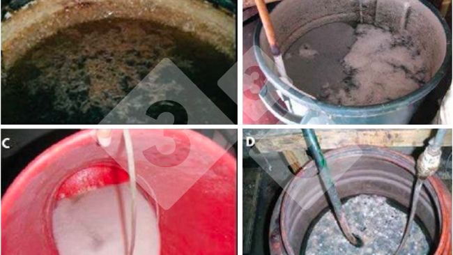 Figura 1. Soluciones y productos de precipitaci&oacute;n que pueden bloquear el sistema de medicaci&oacute;n. A: Cristales y lodo negro; B: Cristales y precipitado flotante; C: Precipitado blanco en soluci&oacute;n; D: Precipitado flotante. Fuente: Dorr PM, Madson M, Wayne S, et al (2009).
