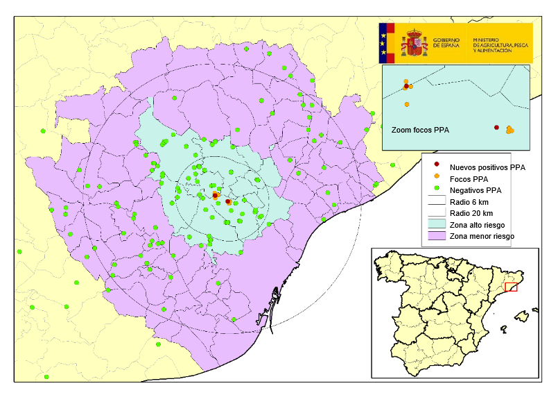  Localizaci&oacute;n de los 9 focos en jabal&iacute;es silvestres y de los jabal&iacute;es hallados muertos negativos detectados en Catalu&ntilde;a (Fuente: MAPA).