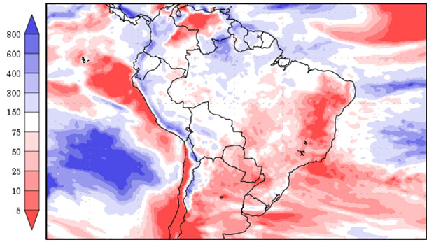 Figura 3. Precipoitación (% de la normal) entre el 7 y el 15 de febrero de 2025. (GrADS/COLA)