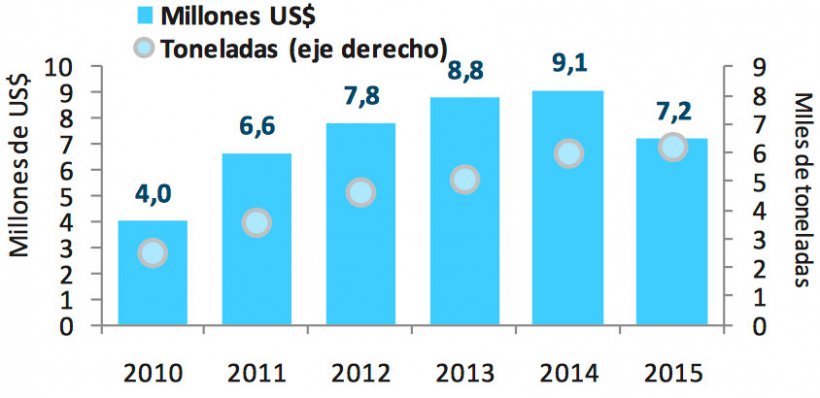 Gr&aacute;fico 6. Evoluci&oacute;n de las exportaciones de carne de cerdo. Fuente: Informe de Cadena de Valor. Ministerio de Hacienda y Finanzas P&uacute;blicas. Argentina.
