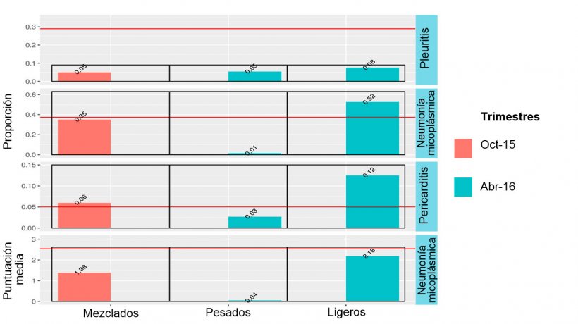 Figura 4: Hallazgos en matadero de animales mezclados (octubre 2015) y animales ligeros o pesados (abril 2016).
