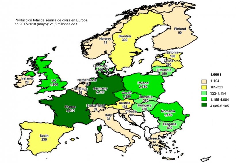 Imagen 5. Producci&oacute;n estimada de semilla de colza en Europa (mayo 2017). Fuente USDA
