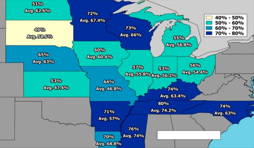 Imagen 1. Estimaciones de la proporci&oacute;n de cultivo de soja calificado como bueno/excelente por estados en USA Fuente FC Stone.
