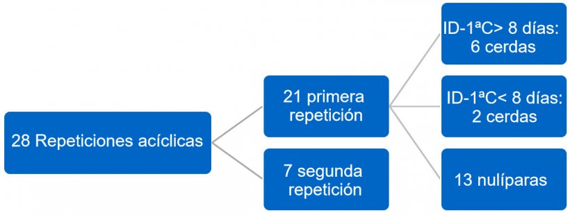 Figura 2. Distribuci&oacute;n de repeticiones ac&iacute;clicas. Segundo trimestre de 2017. ID-1&ordf;C = intervalo destete a primera cubrici&oacute;n.
