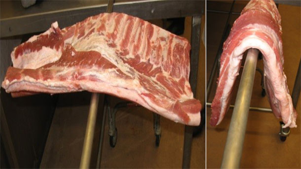 Figura 1. Panceta de cerdo alimentado con una dieta de harina de ma&iacute;z y soja (izquierda) y&nbsp;con una dieta con 30% de DDGS con alto contenido en aceite (derecha).
