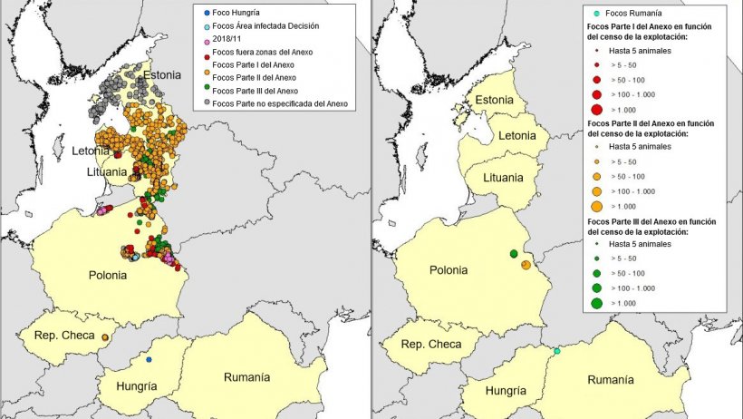 Mapa focos de PPA en jabal&iacute; (izquierda) y cerdo dom&eacute;stico (cerdo dom&eacute;stico) declarados en Estonia, Letonia, Lituania, Polonia, Rep. Checa y Ruman&iacute;a en 2018 (hasta el 25/04/2018) (Fuente RASVE-ADNS)
