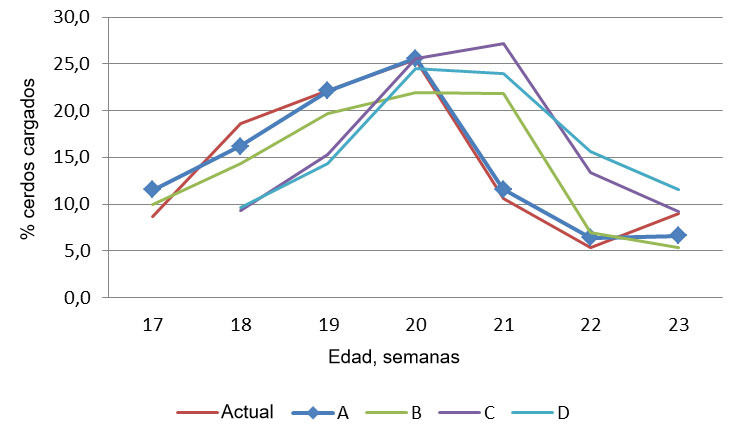 Gráfico 2. Porcentaje de cerdos que se cargan para matadero entre la semana 17 y 23 de edad según el plan de alimentación (actual, A, B, C o D) 