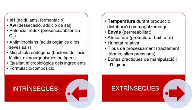Figura 2. Características intrínsecas y extrínsecas que se identifican de manera más frecuente en los alimentos y que pueden afectar la vida útil. Entre paréntesis se indican algunos ejemplos de factores asociados.