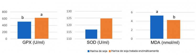 Gr&aacute;fico 1: La alimentaci&oacute;n con soja tratada enzim&aacute;ticamente con un contenido bajo en ant&iacute;geno de soja dio lugar a mayores concentrationes plasm&aacute;ticas de enzimas antioxidantes y una reducci&oacute;n del malonil dialdeh&iacute;do (MDA), un marcador del da&ntilde;o oxidativo, el d&iacute;a 14 despu&eacute;s del destete en comparaci&oacute;n con una harina de soja con un elevado nivel de ant&iacute;geno. (Ma et al., 2018)
