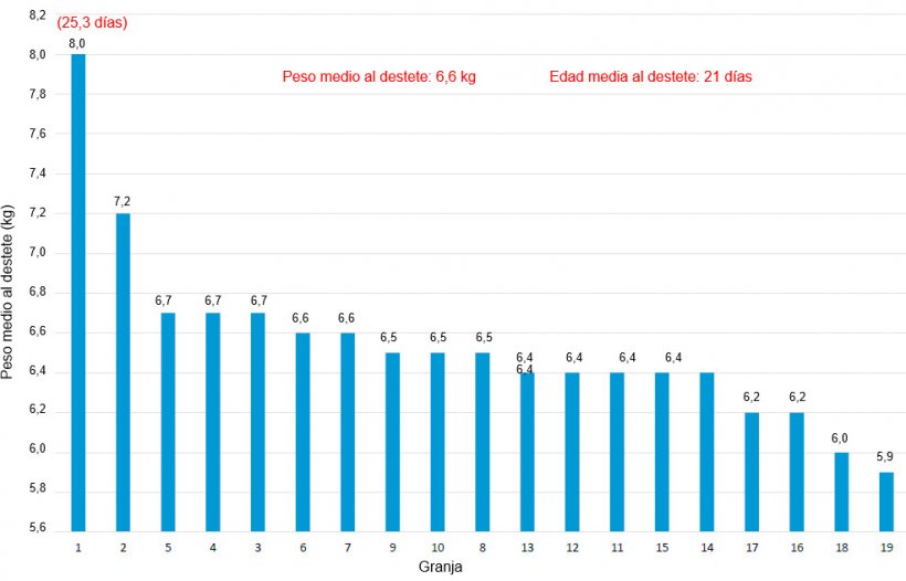 Gr&aacute;fico 3. Peso al destete en distintas granjas de un sistema de producci&oacute;n en 2018.
