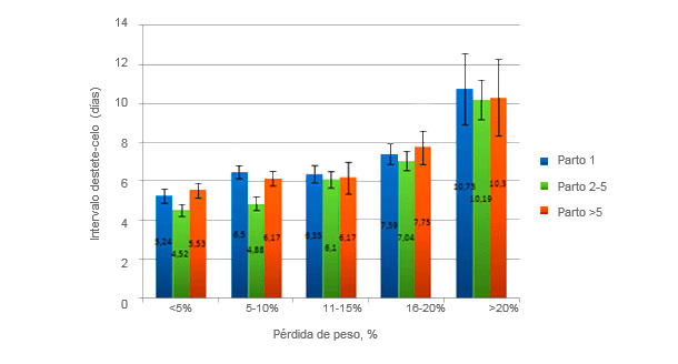 Imagen 2. P&eacute;rdida de peso de las cerdas seg&uacute;n el n&uacute;mero de parto. Thaker, M.Y.C., Bilkei, G. (2005).
