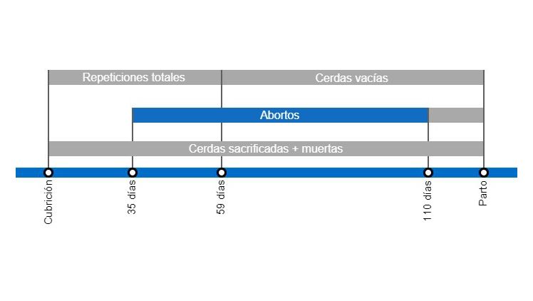  Tipos de p&eacute;rdidas de gestaci&oacute;n que repercuten en una menor tasa de partos, con el detalle de los distintos tipos de repeticiones seg&uacute;n en el momento en que se producen.