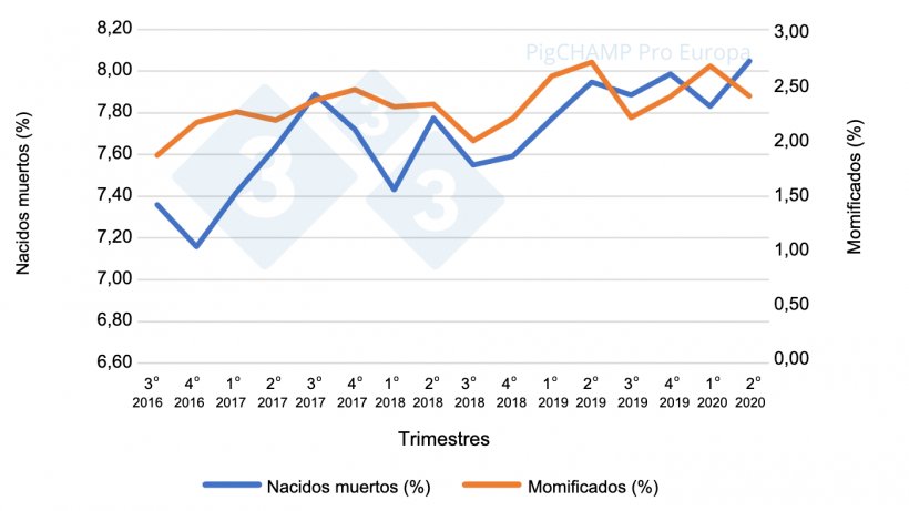 Gr&aacute;fico 3.&nbsp;Porcentajes de nacidos muertos y momificados por trimestres de cubriciones, cubriciones periodo Julio 16-Junio 20.
