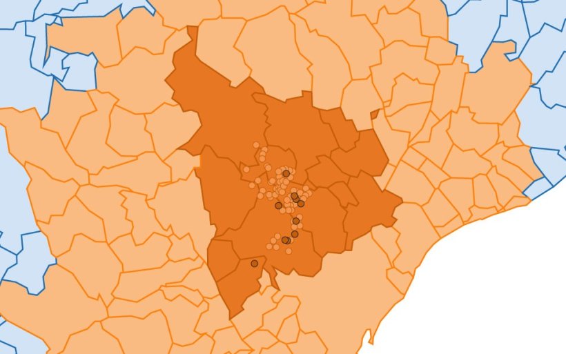 Detailed location of the 155 cases of wild boar detected in the infected area. Clear circle: cases from previous outbreaks. Dark circle: newly reported cases (Source: Department of Agriculture, Livestock, Fisheries and Food).
