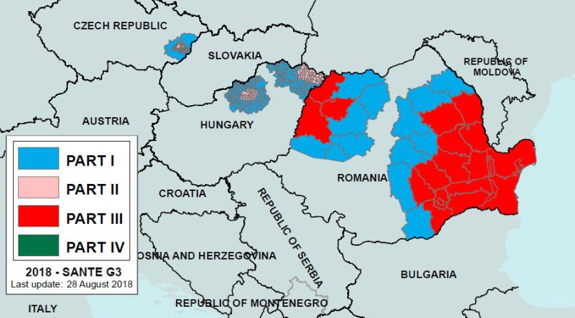 Fot. 2. Regionalizacja ASF w Rumunii i krajach otaczających zadeklarowana 28 sierpnia 2018 r. Część I: obszar o podwyższonym ryzyku bez ognisk. Część III: Występowanie ASF u świń domowych i dzików. Źródło: Komisja Europejska.