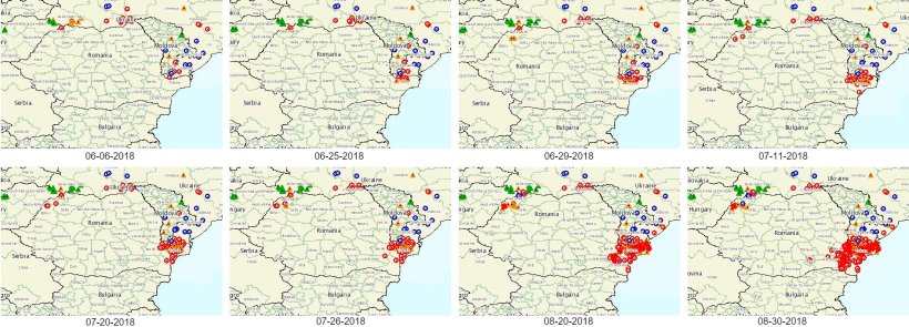 Fot 1. Rozprzestrzenianie się ASF w Rumunii. Źródło: OIE