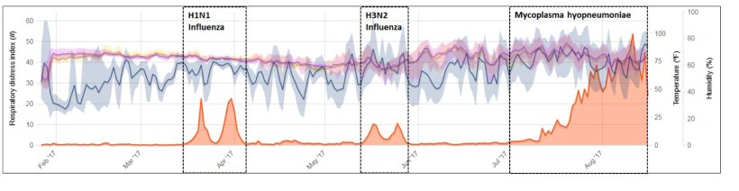 Zdjęcie 2. Przykład ciągłego monitorowania kaszlu wśród świń w stadzie tuczników z klinicznymi objawami grypy i zakażeń na tle Mykoplazma. Żródło: Polson et al. 2018.