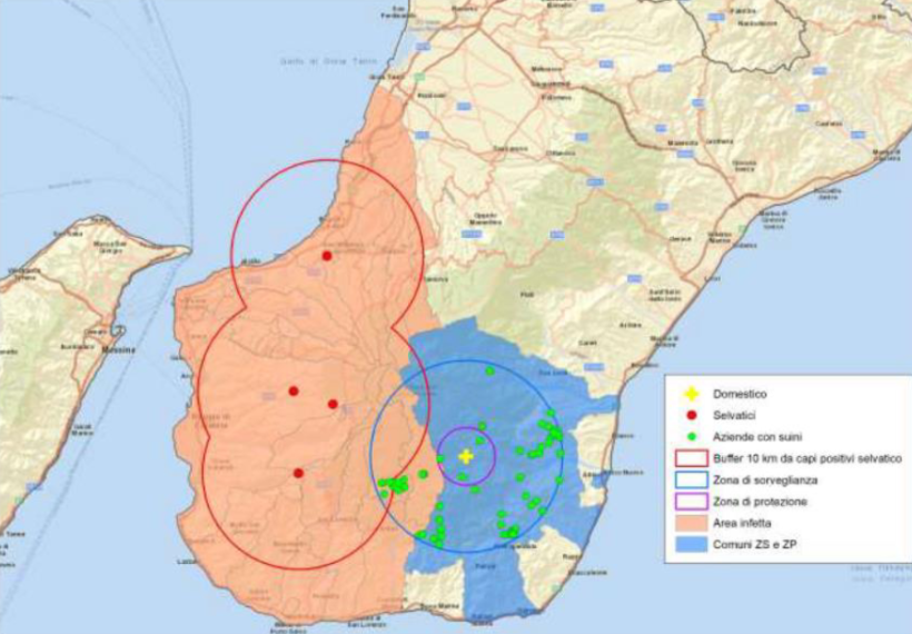 Location of new outbreaks of ASF in the region of Calabria, Italy
(red dots: outbreaks in wild boar; yellow cross: outbreaks on pig farms). Source: MAPA.