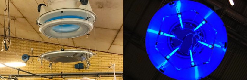 Zdjęcie 1. Systemy UV-C, kt&oacute;re są zintegrowane z wlotami wentylacyjnymi i napromieniowują napływające powietrze przed wejściem do chlewni. Po lewej: Wlot wentylacyjny z lampami UV-C. Po prawej: Lampy UV-C umieszczone we wlocie.
