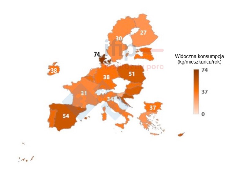 Widoczna konsumpcja wieprzowiny w 2023 r. w UE-27 Źródło: Ifip na podstawie danych JRC.