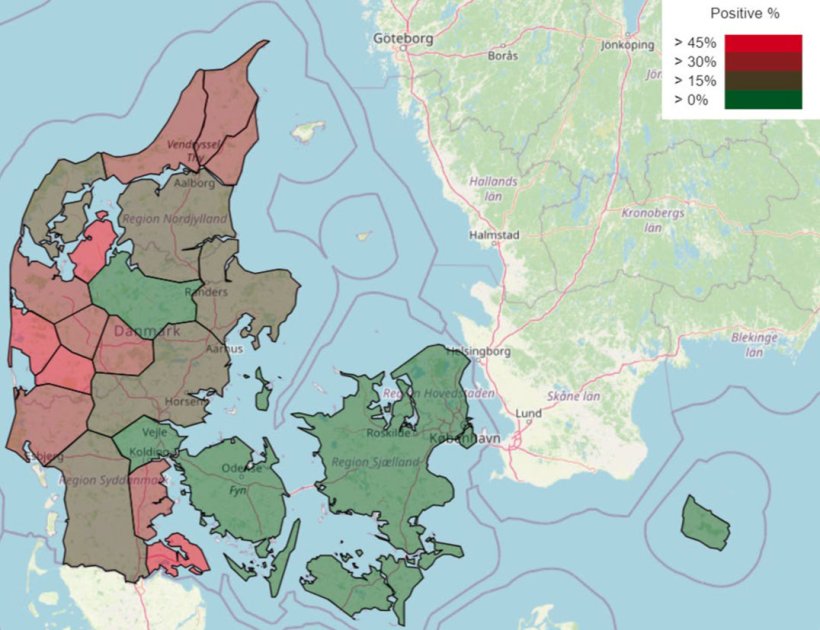 Rysunek 1: Częstość występowania (%) duńskich stad świń ze statusem PRRS dodatnim według regionów – styczeń 2025