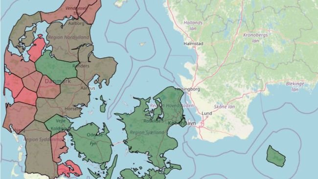 Rysunek 1: Częstość występowania (%) duńskich stad świń ze statusem PRRS dodatnim według regionów – styczeń 2025