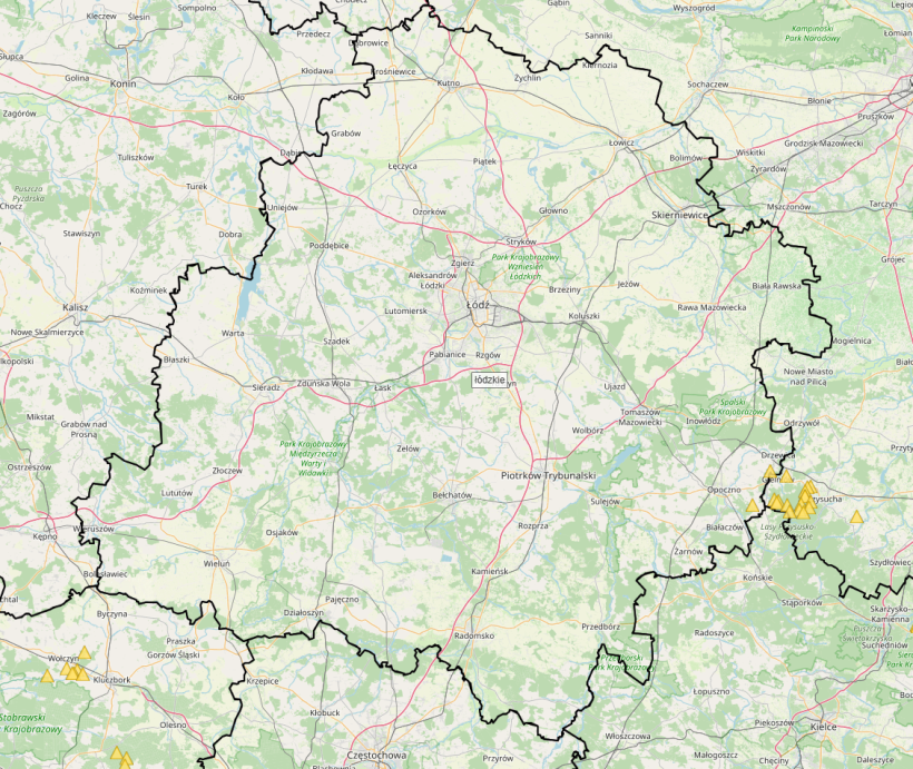 Pierwszy przypadek przypadku ASF u dzika w woj. łódzkim. Mapa: Główny Inspektorat Weterynarii