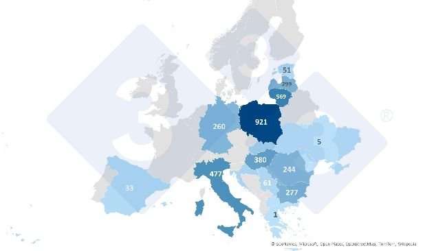 Całkowita liczba potwierdzonych ognisk ASF u dzików w pierwszym kwartale 2025 roku. Źródło: 333 na podstawie danych ADIS.
