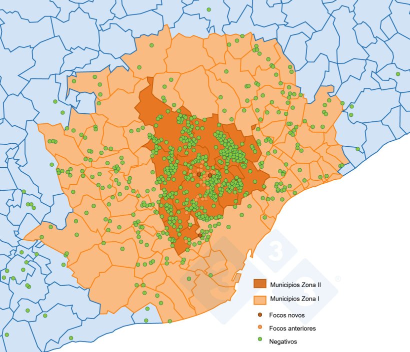 Localiza&ccedil;&atilde;o dos 37 focos em javalis e dos javalis capturados ou encontrados mortos que testaram negativo na Zona Restrita II (Fonte: MAPA).
