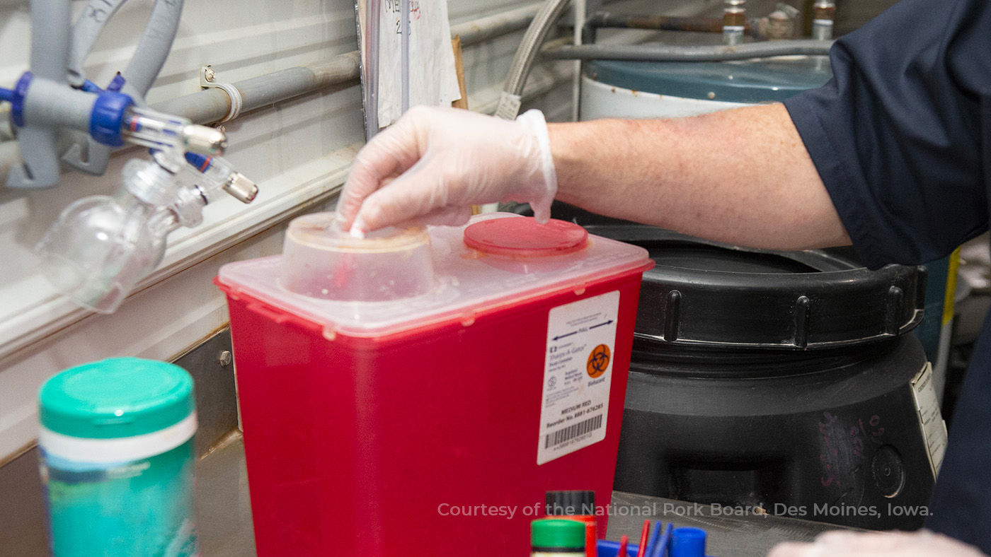 Sharps containers. Photo courtesy of National Pork Board, Des Moines, Iowa.