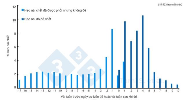 H&igrave;nh 1. Tỷ lệ(%) heo n&aacute;i chết, trước hoặc sau khi đẻ, trong tổng số 7.778 heo n&aacute;i đ&atilde; được phối cộng với 7.745 heo n&aacute;i đ&atilde; đẻ. Nguồn: Tami S. v&agrave; cs, 2017.
