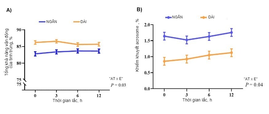 Interaction between agitation time and the extender on total sperm motility and acrosome defects