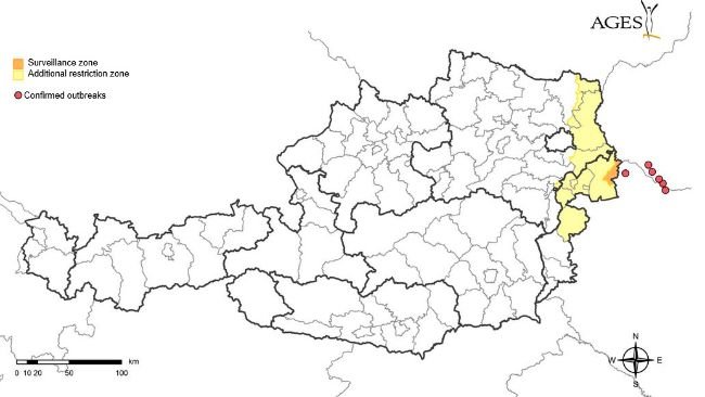 Các ổ dịch lở mồm long móng tại Hungary và Slovakia được xác nhận từ ngày 1 tháng 1 đến ngày 26 tháng 3 năm 2025, cùng với các vùng hạn chế và giám sát được thiết lập tại Áo. Nguồn: AGES.