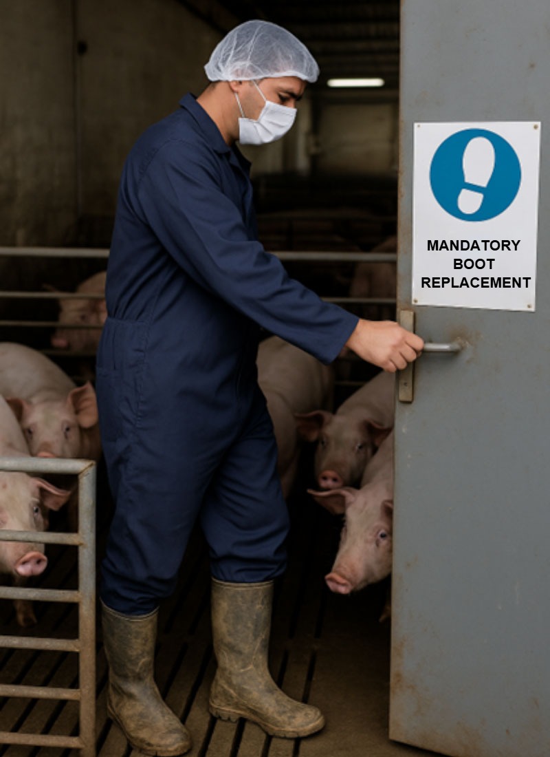 H&igrave;nh 1. Một c&ocirc;ng nh&acirc;n trại heo đi qua c&aacute;c khu vực kh&aacute;c nhau m&agrave; kh&ocirc;ng thay ủng, vi phạm quy định về an to&agrave;n sinh học đ&atilde; được hướng dẫn. H&igrave;nh ảnh được tạo bằng tr&iacute; tuệ nh&acirc;n tạo cho mục đ&iacute;ch minh họa (OpenAI, 2025).
