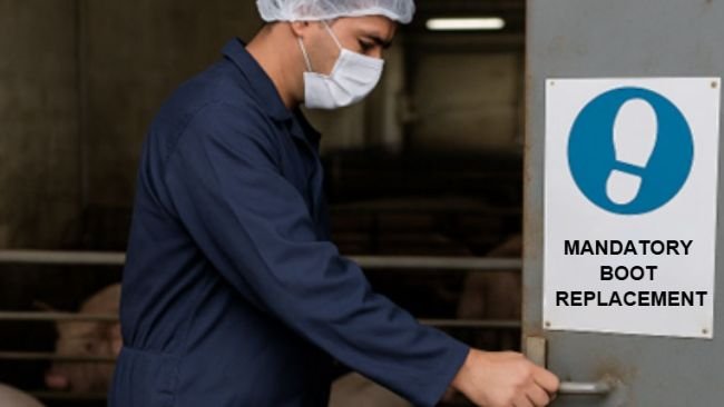 Hình 1. Một công nhân trại heo đi qua các khu vực khác nhau mà không thay ủng, vi phạm quy định về an toàn sinh học đã được hướng dẫn. Hình ảnh được tạo bằng trí tuệ nhân tạo cho mục đích minh họa (OpenAI, 2025).