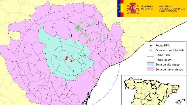 Location of restricted farms within the infected area, with municipalities in high and lower risk zones. (Source: MAPA)