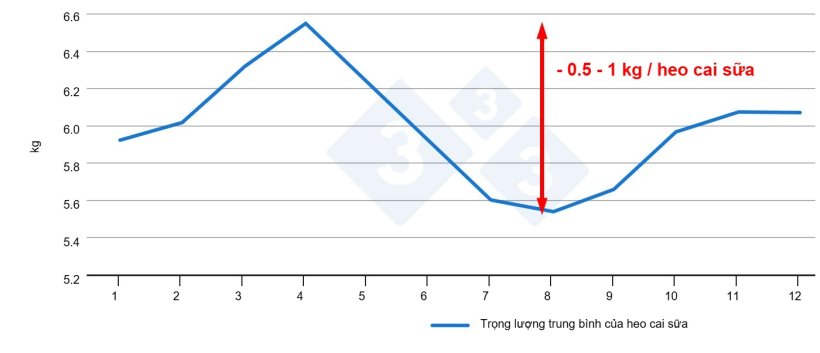 H&igrave;nh 3. Trọng lượng cai sữa của heo con theo th&aacute;ng trong năm (dữ liệu nội bộ).
